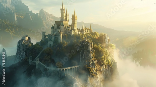 Fairy Tale Castle on a misty cliff sunrise illuminating spires