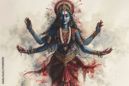 Hindu goddess Kali, the four-armed wrathful form of goddess Parvati. Consort of Lord Shiva. Other forms: Gauri, Bhavani, Durga. In the style of watercolor paints on a white background