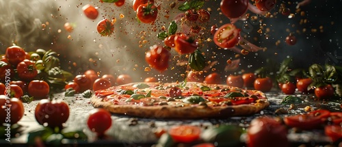 An animated 3D pizza being topped by a swarm of ingredients in mid-air for a pizzeria promotion