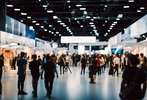 Exhibition event hall blur background of trade show business world or international expo tech fair with blurry exhibitor tradeshow with people 