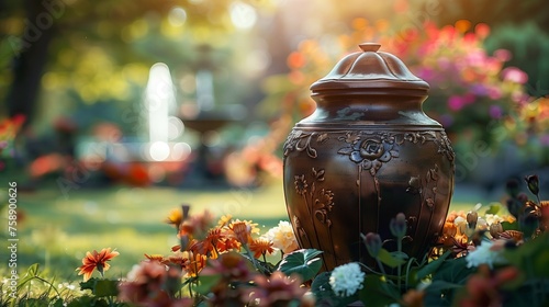urn with ashes standing in a garden of memory, on the background flowering trees and fountains, copy space for text. Funeral concept. Final resting place for a departed soul. 