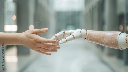Human and robotic hands touching on medical data network connection, AI robot for diagnosing and treating patients in the future. Technology to improve patient health.
