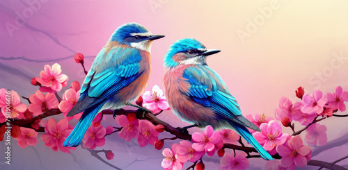 two birds sitting on a branch with pink flowers in the background and a pink sky in the background with a pink and blue background