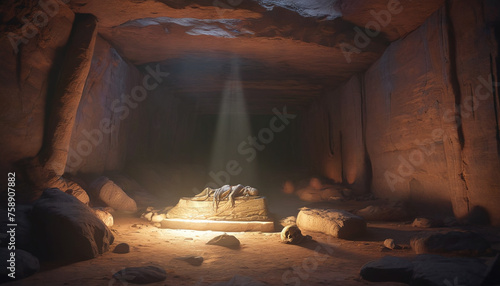 Closed sarcophagus in a cave surrounded by the glow of divine light.