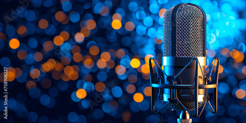 A sleek microphone with cradle mount against a blue bokeh background, featuring abundant copyspace, ideal for recording studio-quality audio.