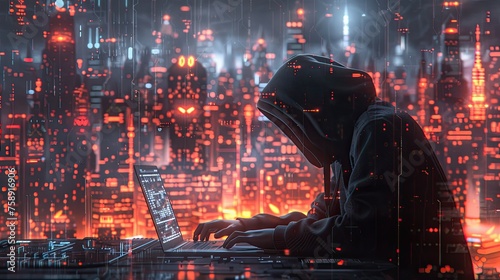 Anonymous hacker sillhouette with hoodie in front of laptop stealling data on red digital hologram. Concept of cybercrime, cyberattack and dark website. Generative AI.