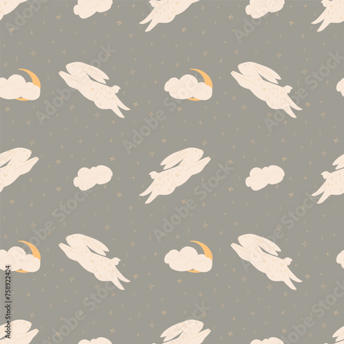 Cute cartoon Bohemian nursery pattern. Boho vector print for wall decor in children's bedroom. Seamless pattern with cartoon clouds, planet, crescent moon, stars, bunny on grey background.