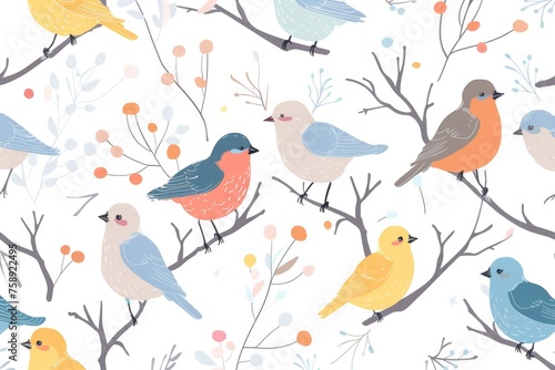 Abstract animal birds seamless pattern banner, wallpaper for kids, bright pastel colors over beige background. Wrapping paper for presents. Baby linen, clothes and products for children