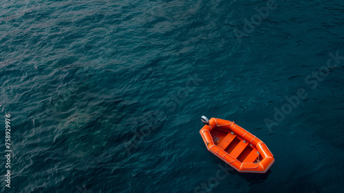 An aerial perspective of an unmanned inflatable orange lifeboat dinghy floating in the midst of the ocean