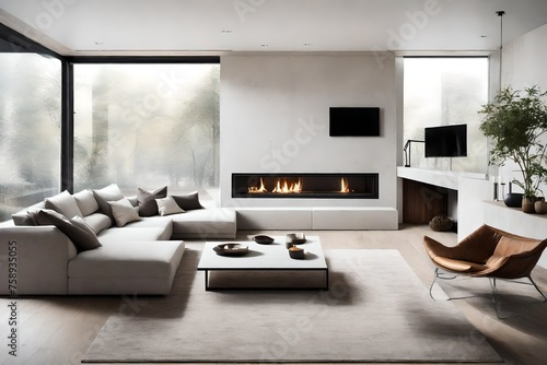 a minimalist yet inviting ambiance with a corner sofa and a minimalist fireplace, embodying simplicity and sophistication in a living room retreat.