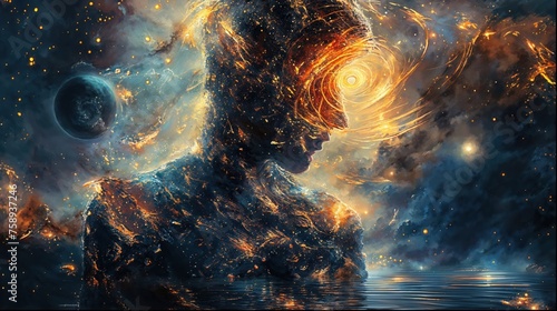 A human silhouette merges with cosmic phenomena, highlighting themes of vastness and the unknown with a swirling vortex