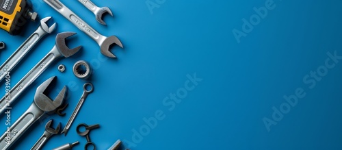 Set of hand tools on blue background