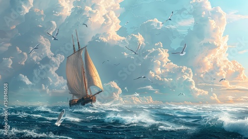 A peaceful painting of a sailboat in the vast ocean, perfect for travel or relaxation themes