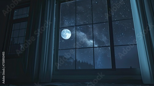 the night sky visible through the large window appears realistic by paying attention to the placement and density of stars and the illumination of the moon.