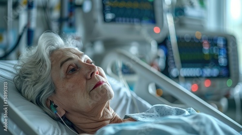 Middle aged woman lies in a coma in a hospital ward, connected to life support equipment, monitors. Generative AI.