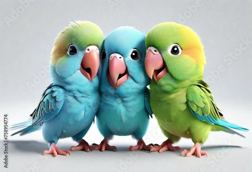 Adorable 3d rendered cute happy smiling and joyful baby Australian Parrots cartoon character on white backdrop