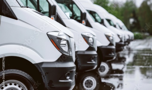 Commercial delivery vans in a car dealership parking lot