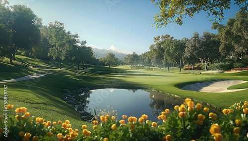Beautiful golf course view the 18th hole. Generative AI.