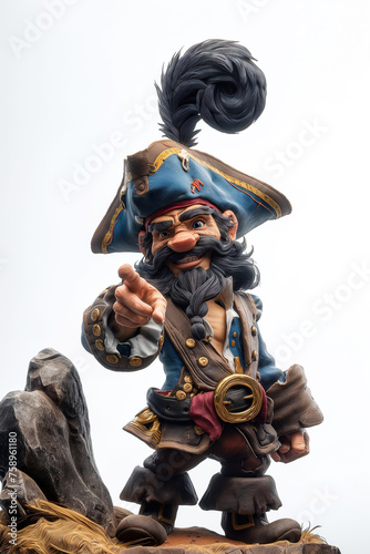 cartoon character funny captain pirate in hat points with finger at a copy space on a white isolated background