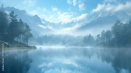 A misty morning over a tranquil lake, with towering mountains in the background.