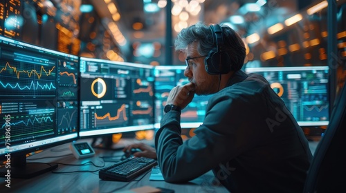 Cybersecurity analyst sitting at a desk in front of a computer. The monitors display data visualizations and dashboards related to digital asset inventories, risk assessments. Generative AI.