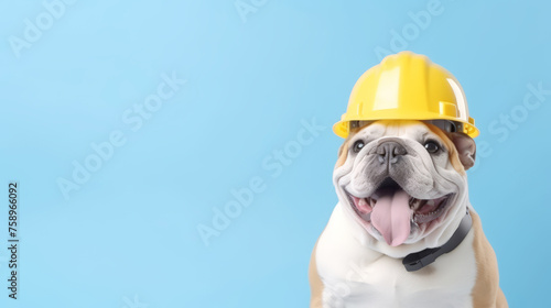Studio shot of dog with yellow helmet hat, safety and health at work , labor day