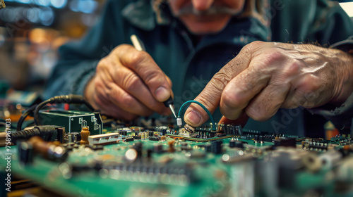 A man is working on a computer board