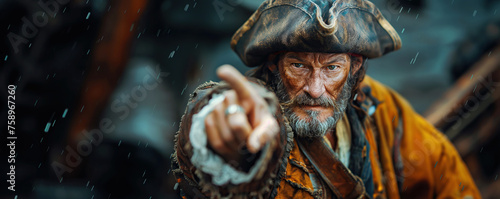 elderly pirate captain points his finger on ship at sea