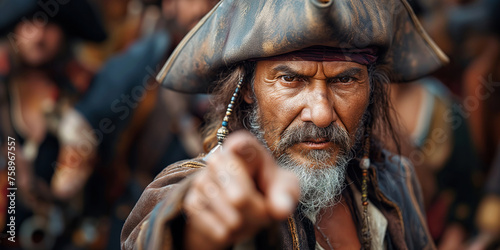 old angry pirate captain points finger on ship at sea