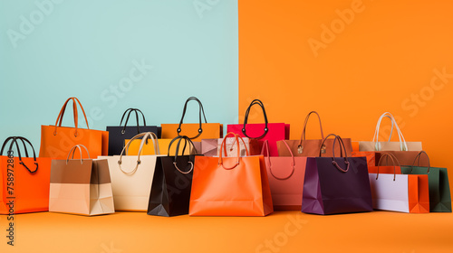 shopping bags in many trendy colors against a blue-orange background. colorful shopping bags