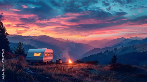 Retro Caravan at Alpine Sunset Campfire Overlooking Mountain Valley