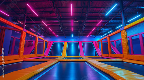 Picture a dynamic scene at a trampoline center, where energetic individuals of all ages leap and flip against a backdrop of bright, neon-colored trampolines. The atmosphere is fill
