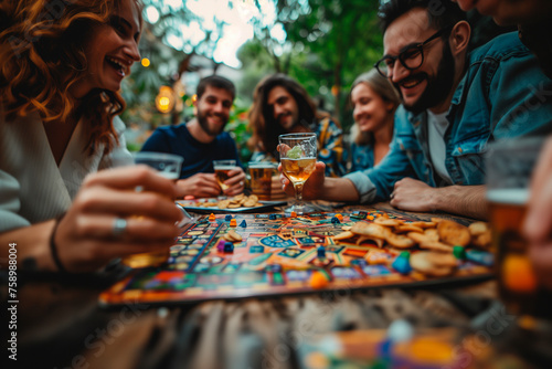 A group of friends having a board game night with snacks and drinks. a group of people are sitting around a table playing a board game