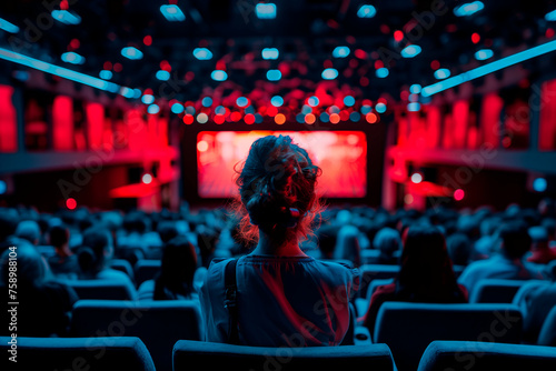 A person attending a film festival and watching a movie premiere. A woman is enjoying a movie in a magenta auditorium filled with a lively crowd
