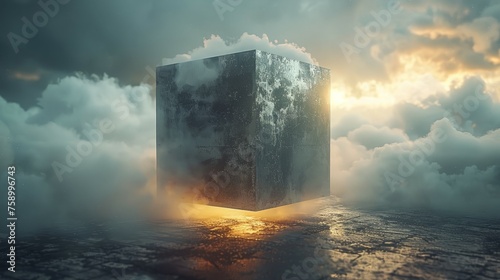 Cube Floating in Ocean Amidst Clouds