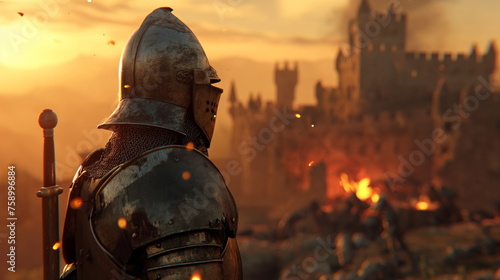 knight in armor gazes toward a distant castle engulfed in flames under the evening sky