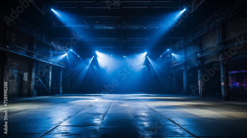Empty industrial performance space with stage lighting