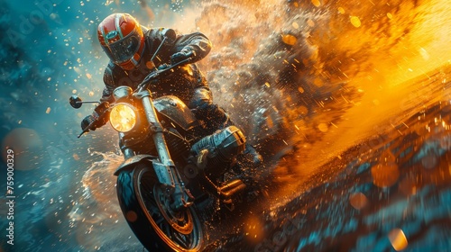 Man Riding Motorcycle Through Fire-Filled Sky