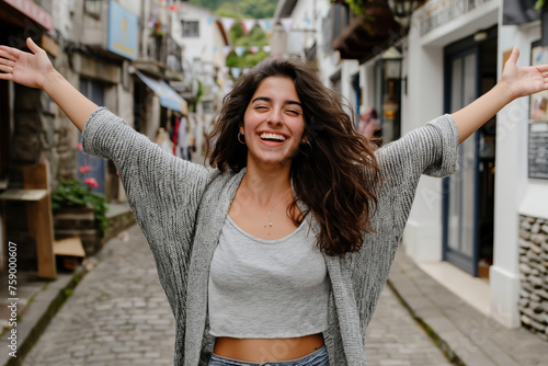 Happy Person Embracing Life's Pleasures in Charming Town Setting