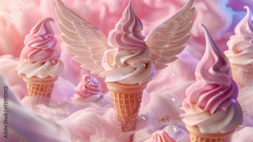 Close-up of ice cream soft serve cones with angelic wings, in a paradise of vivid pastel colors, perfect for ice cream lovers