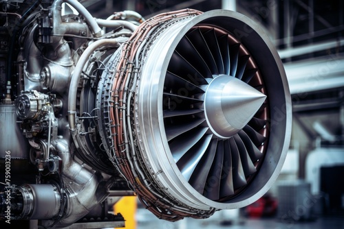 Detailed Perspective of a Jet Engine's Turbofan and Turboprop Parts in an Industrial Setting