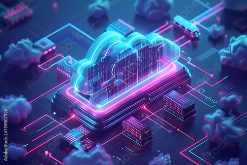 Cloud Computing. 3d isometric illustration of an abstract cloud on top of the main chip, surrounded by other digital elements such as icons and circuit line, network technology concept