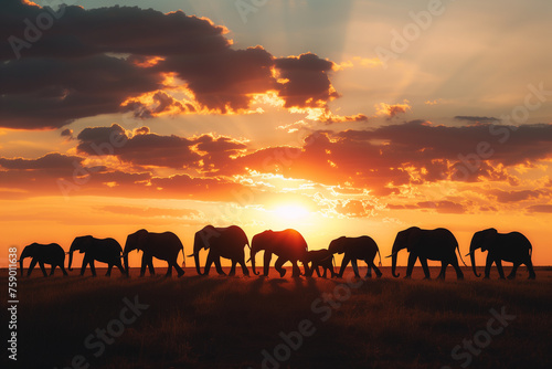 Silhouetted elephant herd walking at sunset ideal for travel and nature themes.