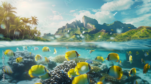 Tropical island with underwater view of fish and coral reef, suitable for travel and vacation themes.