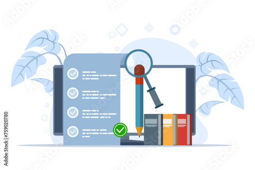 Concept of online testing and checking answers, examination, test, quiz, student test, employee, questionnaire, evaluation. People choose answers in online tests. flat vector illustration.