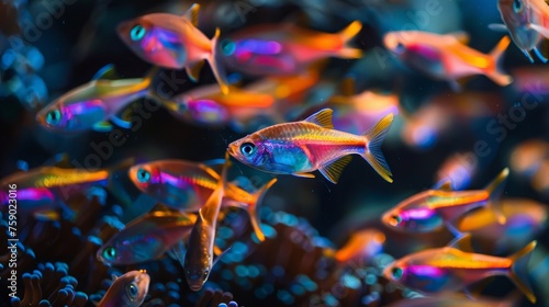 A vibrant school of neon tetra fish glides through the water, their iridescent colors contrasting beautifully with the dark aquatic environment.