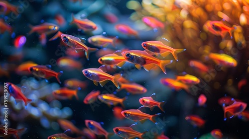 Neon tetra fish radiate bright colors as they swim in the dark waters of an aquarium, their iridescent bodies creating a mesmerizing display.