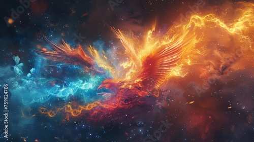 Artistic depiction of a phoenix in the process of rebirth, bursting with flames and cosmic energy in a celestial landscape.