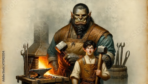 Fantasy illustration of a dwarf and ogre working in a forge