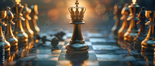 A solitary queen with a golden crown against a backdrop of pawns depicting triumph and influence
